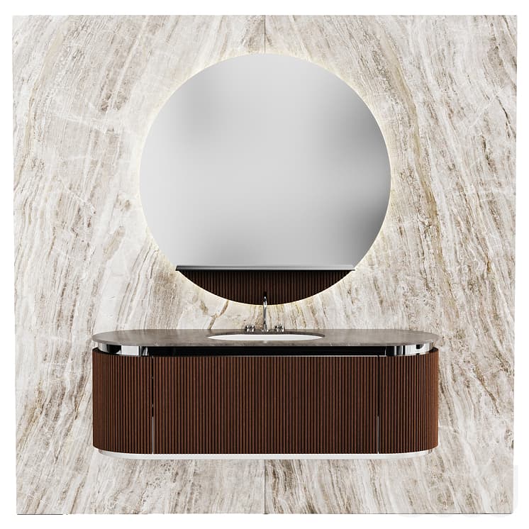 A contemporary wall-mounted bathroom vanity featuring an elongated oval cabinet base with dark brown fluted wood paneling, topped with an oval grey engineered stone countertop. It includes an integrated white ceramic sink and a chrome single-handle faucet. Above the vanity is a matching large oval mirror with integrated LED backlighting, completing a sleek and functional bathroom ensemble. — 3D model