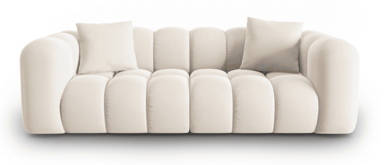 A contemporary three-seater sofa featuring plush, channel-tufted upholstery in a cream color, with softly rounded arms and back. Two matching throw pillows are included. — 3D model