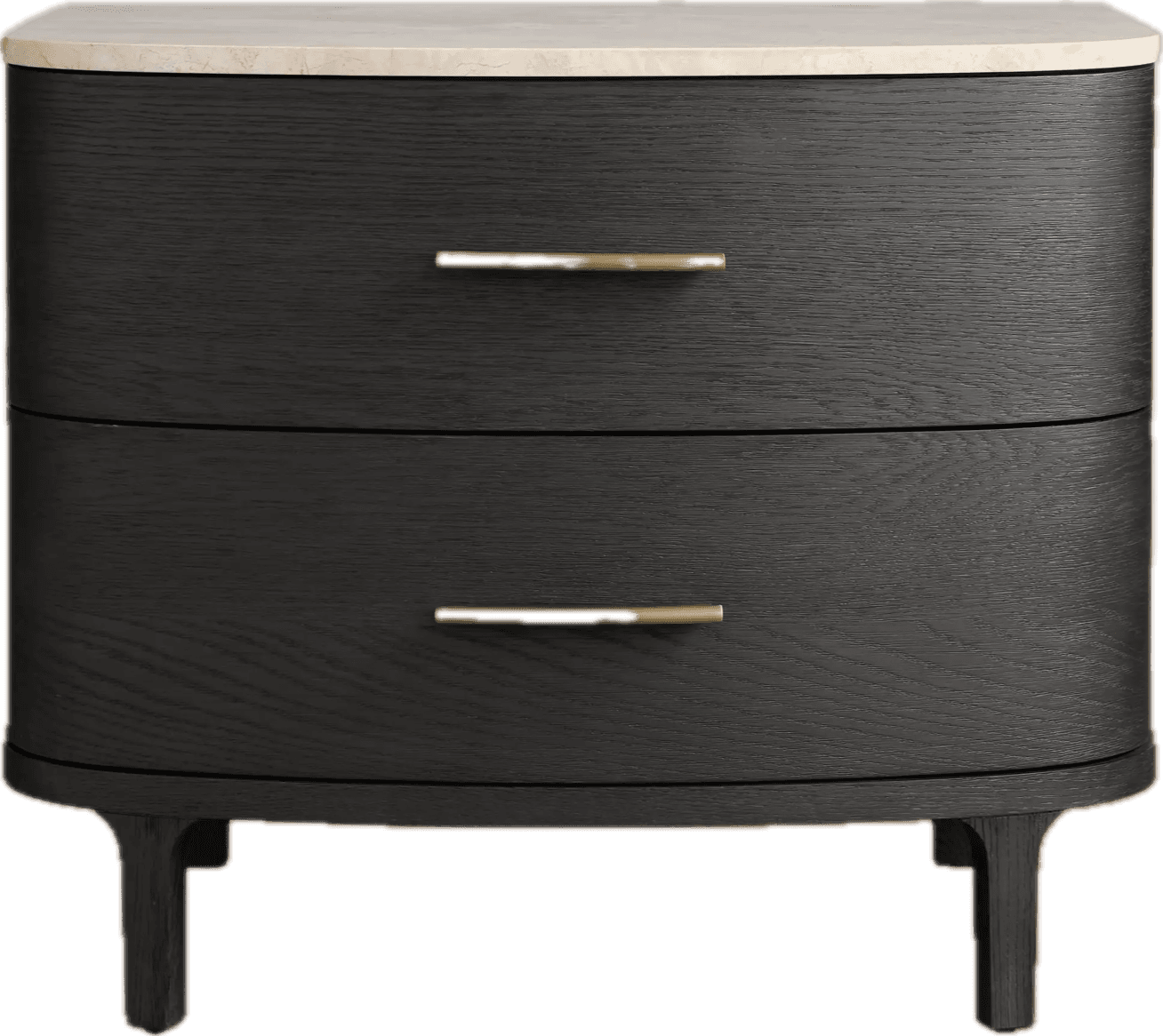 A contemporary two-drawer nightstand featuring a dark, almost black, oak wood finish with visible grain. The top surface is a light-colored marble with subtle veining. The cabinet has softly rounded corners, and each drawer is fitted with a slender, horizontal brass pull handle. The piece stands on four short, integrated wooden legs. — 3D model