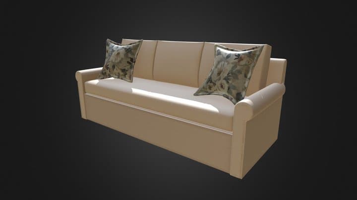 A rendered 3D model of a sofa with a light beige upholstered frame and cushions. It features rolled arms and a straight back with three padded sections. Two decorative throw pillows with a floral pattern are placed on the sofa. A thin, lighter-colored piping detail runs along the base of the seat. — 3D model
