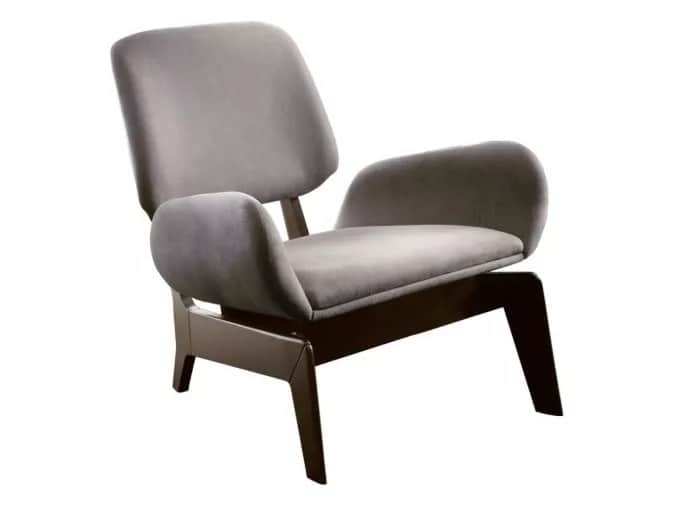 A modern upholstered lounge chair featuring grey fabric and a dark, exposed wooden frame with subtly… — free STL 3D model