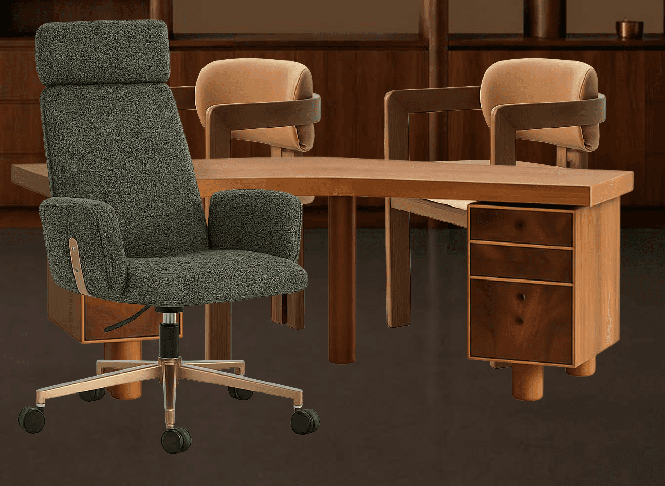 A high-back office chair upholstered in green textured fabric, featuring padded armrests and a gold-… — 3D model