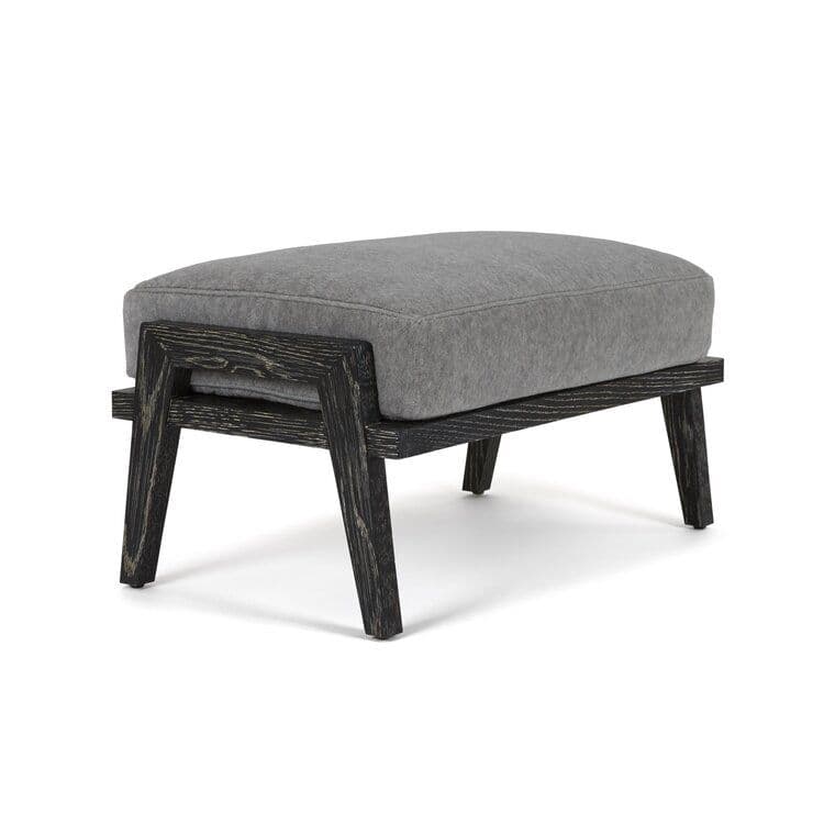 A rectangular, low-profile ottoman with a plush grey fabric cushion supported by a dark, distressed wooden frame with four splayed legs. — 3D model