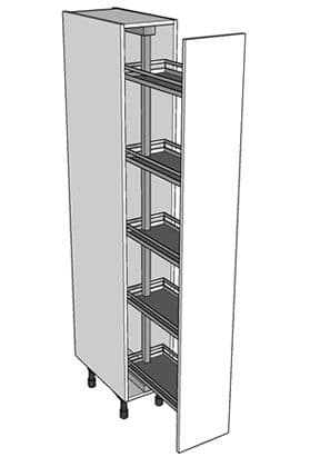 A tall, narrow cabinet, likely for kitchen pantry storage, featuring an internal pull-out mechanism with multiple wire baskets. The exterior is a simple, modern design in light gray, standing on adjustable feet. — 3D model
