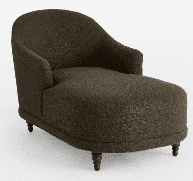A contemporary chaise lounge upholstered in a textured, dark olive-brown bouclé fabric. It features… — free GLB 3D model