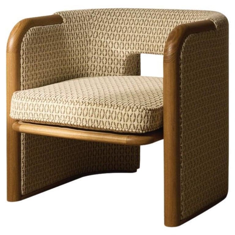 A contemporary armchair featuring a distinctive rounded wooden frame that defines its silhouette. The frame forms the arms and wraps around the back, cradling upholstered panels. A separate, removable seat cushion rests within the frame. The fabric features a subtle geometric woven pattern in beige and light brown tones. — 3D model