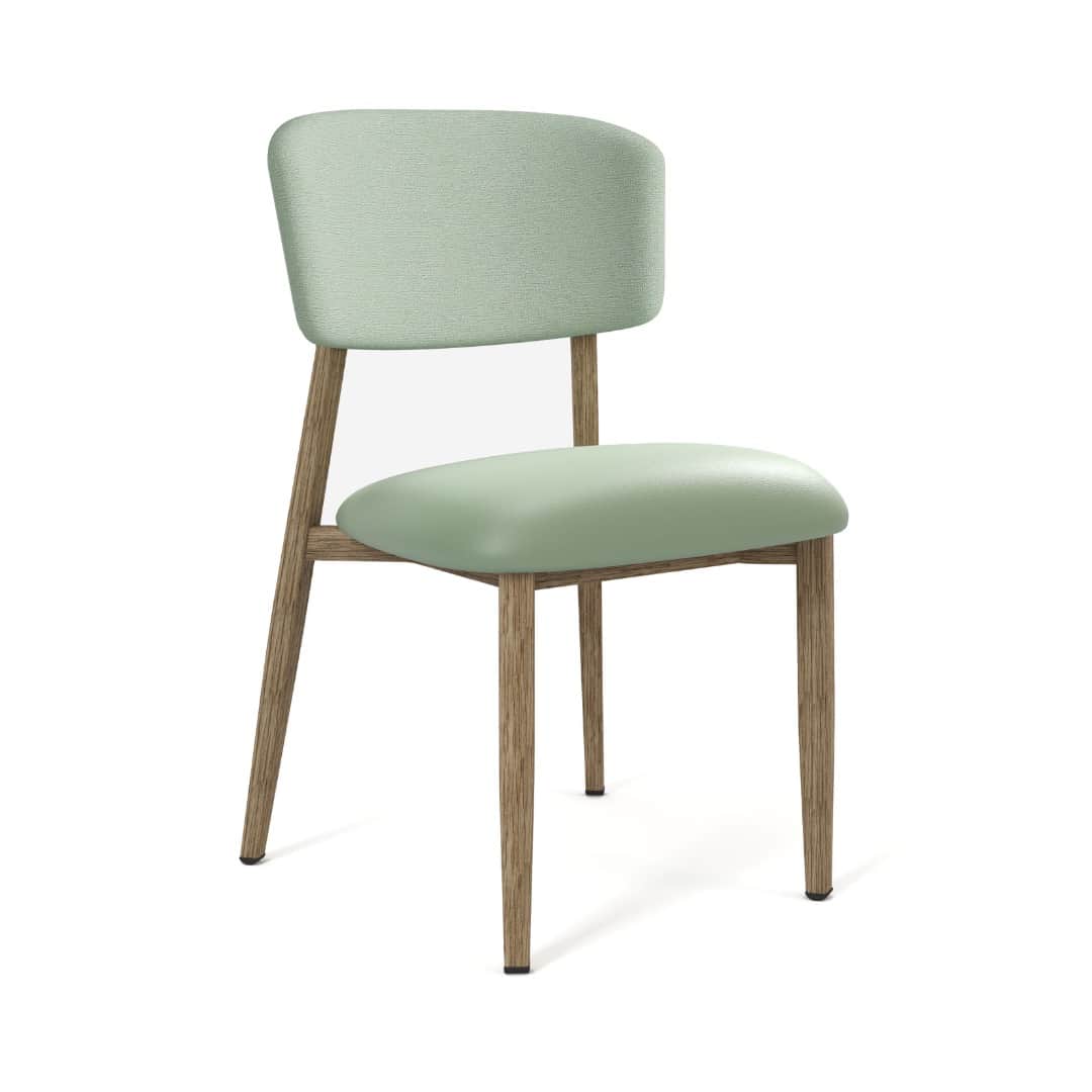 A modern dining chair with a gently curved backrest and a padded seat. The frame consists of four ta… — 3D model