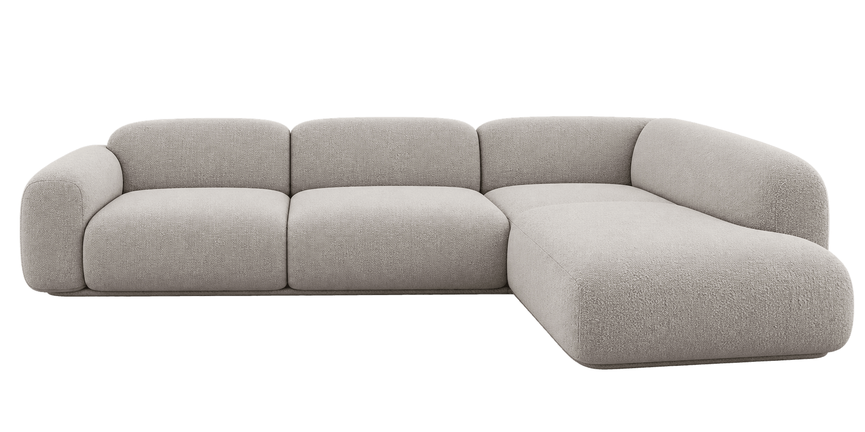 An L-shaped modular sectional sofa featuring soft, rounded contours and upholstered in a light-colored, textured boucle-like fabric. The design includes three main seating sections and an integrated chaise lounge on the right side, all exhibiting a low-profile, plush aesthetic. The individual segments seamlessly connect, creating a continuous, inviting seating arrangement with no sharp edges. — 3D model