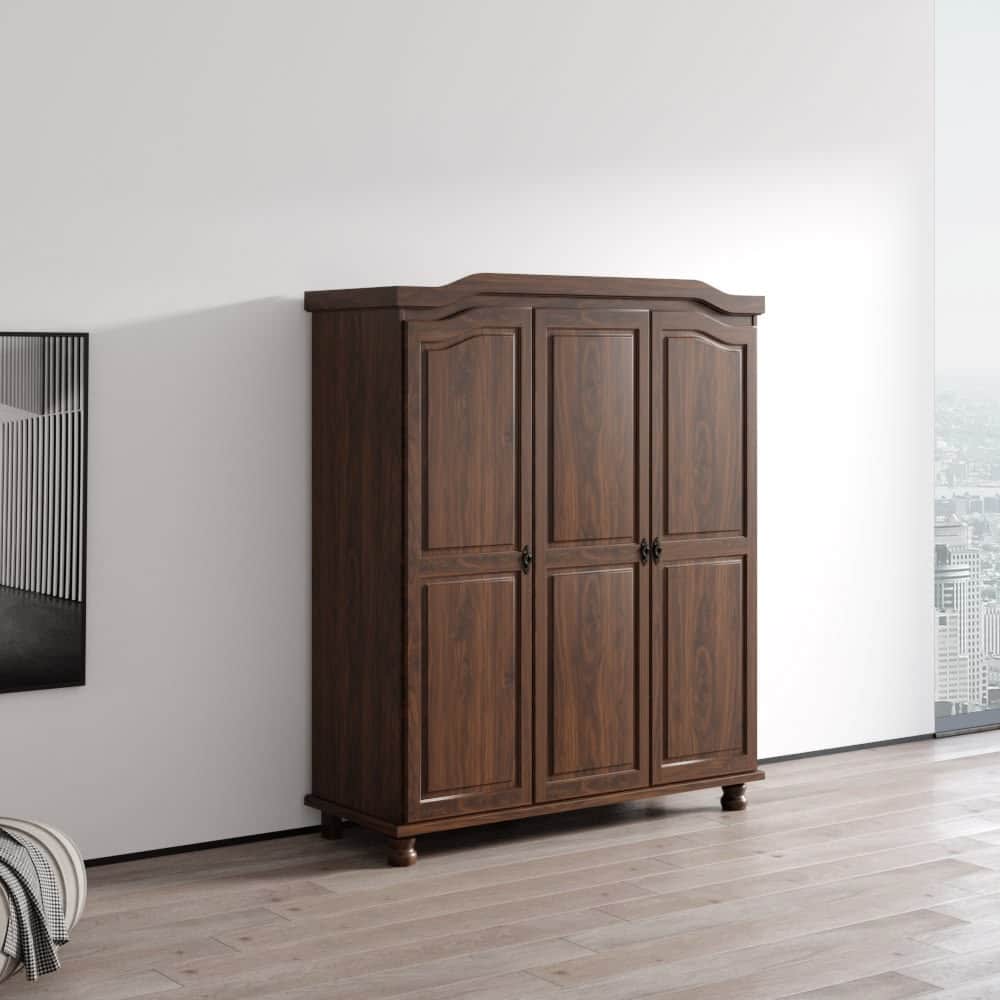 A traditional dark wood three-door wardrobe featuring classical design elements such as a scalloped… — 3D model