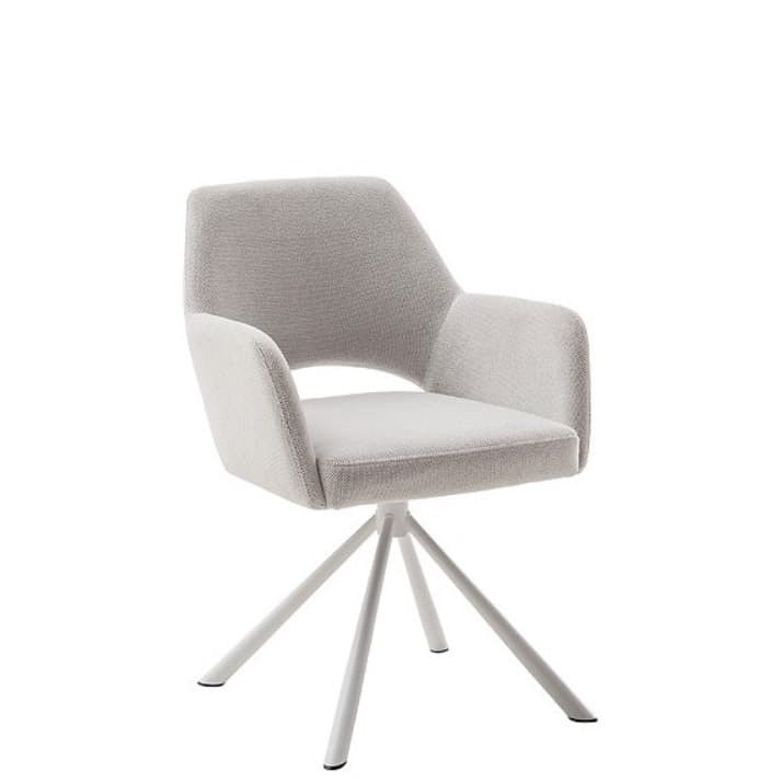 A modern armchair with upholstered seat and backrest, featuring a swivel base with three splayed legs. The chair has a contemporary design with a curved silhouette and integrated armrests. The base appears to be made of metal and is finished in white, contrasting with the light gray fabric of the seating area. — 3D model