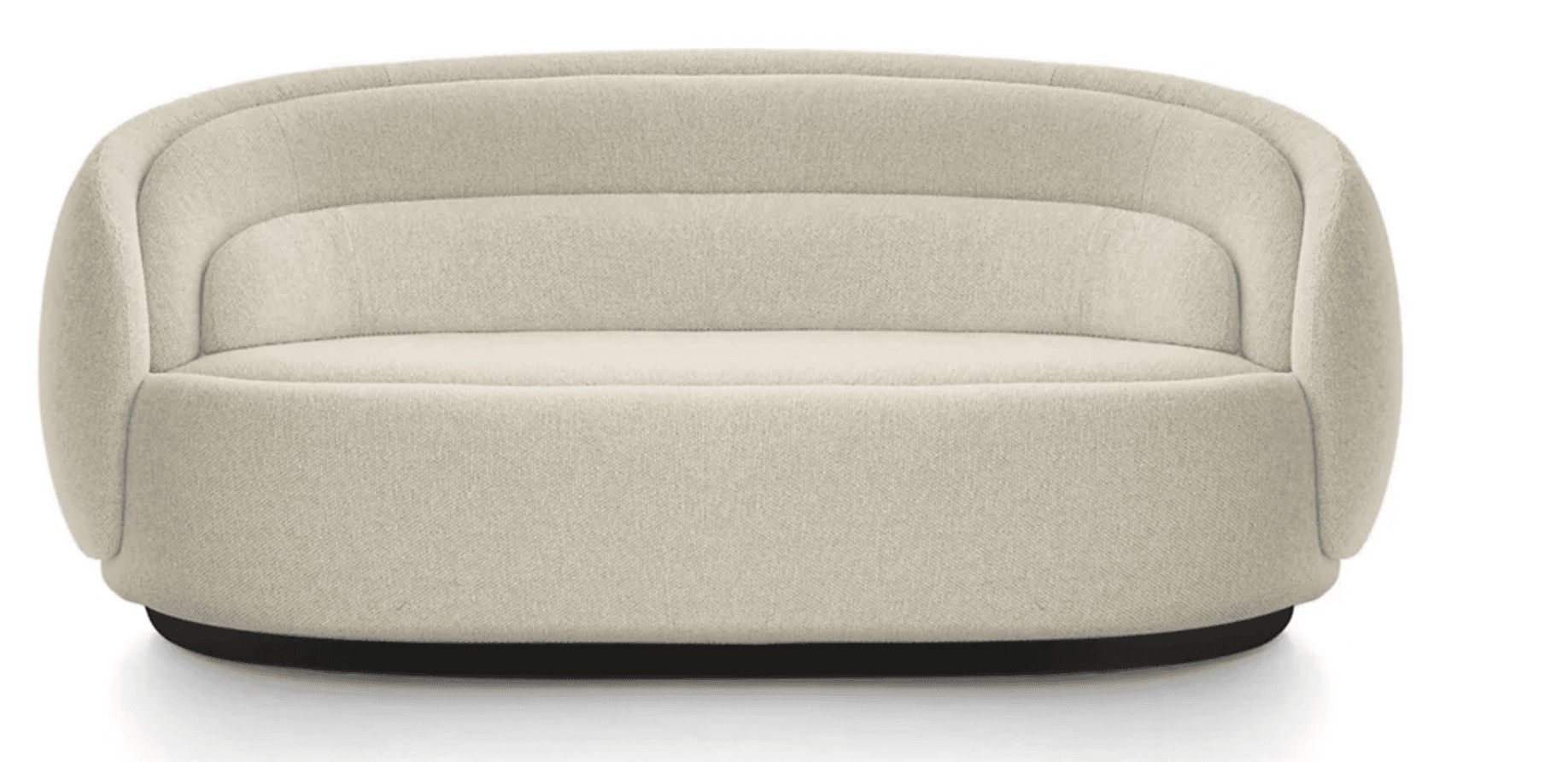 A contemporary loveseat featuring a deeply curved back and integrated arms, upholstered in a cream-colored boucle fabric. The design is characterized by its fluid lines and low-profile, channel-tufted backrest, resting on a recessed dark base. — 3D model