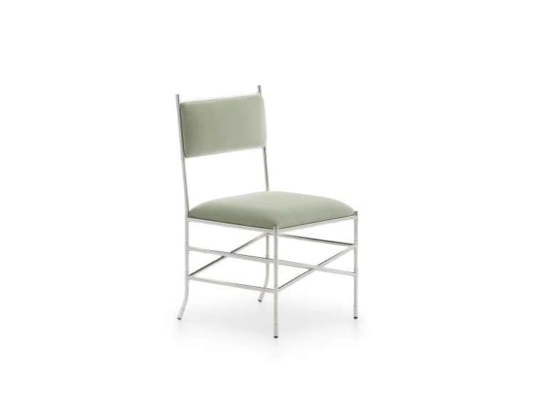 A modern dining chair featuring a polished chrome or stainless steel tubular frame and upholstered s… — 3D model
