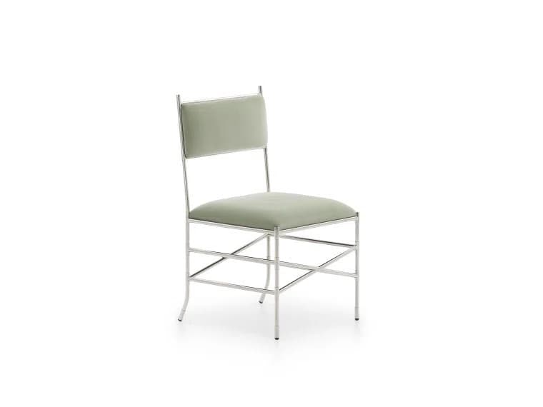 A modern dining chair featuring a polished chrome or stainless steel tubular frame and upholstered seat and backrest in a light green or sage color. The frame includes horizontal and diagonal stretchers for stability, creating an 'X' pattern below the seat. The design is sleek and minimalist. — 3D model