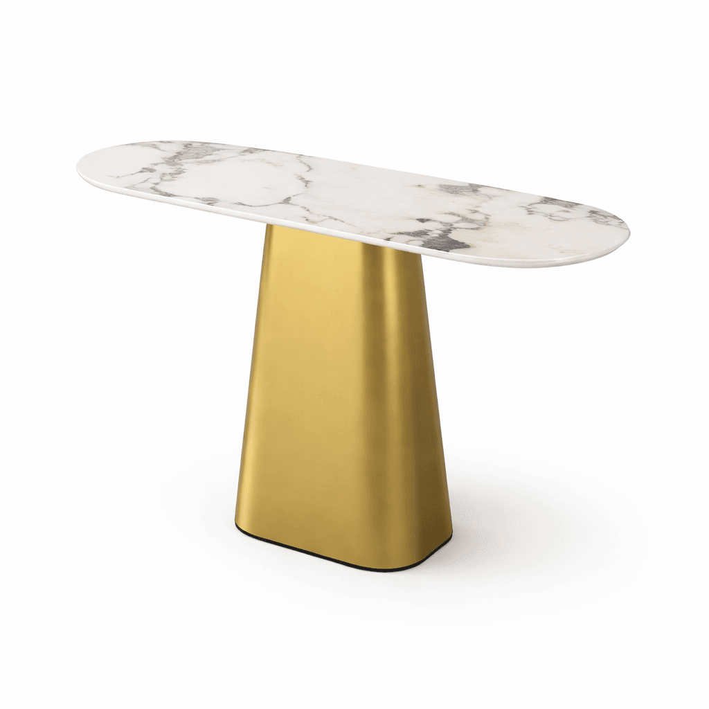 A console table with an elongated oval top and a single, tapered pedestal base. The tabletop exhibits a white marble pattern with grey veining. The base is a smooth, metallic gold-colored, truncated cone shape. — 3D model