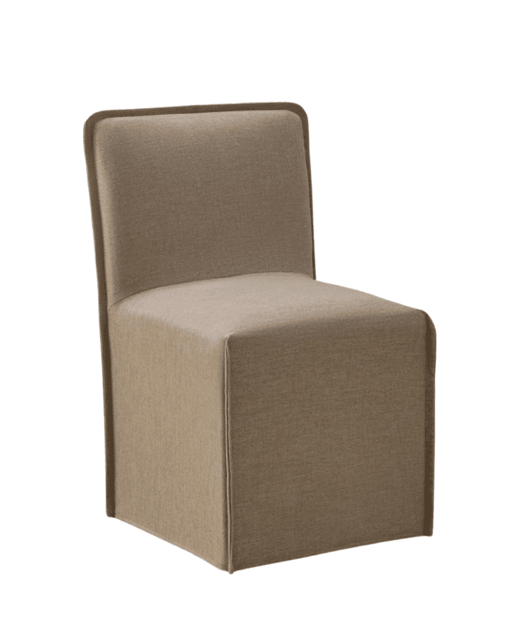 A contemporary upholstered chair with a clean, minimalist design. The chair features a cubic base and a slightly curved, high backrest. The upholstery has a visible woven texture. The frame appears to be a contrasting darker material, outlining the edges of the seat and backrest. — 3D model