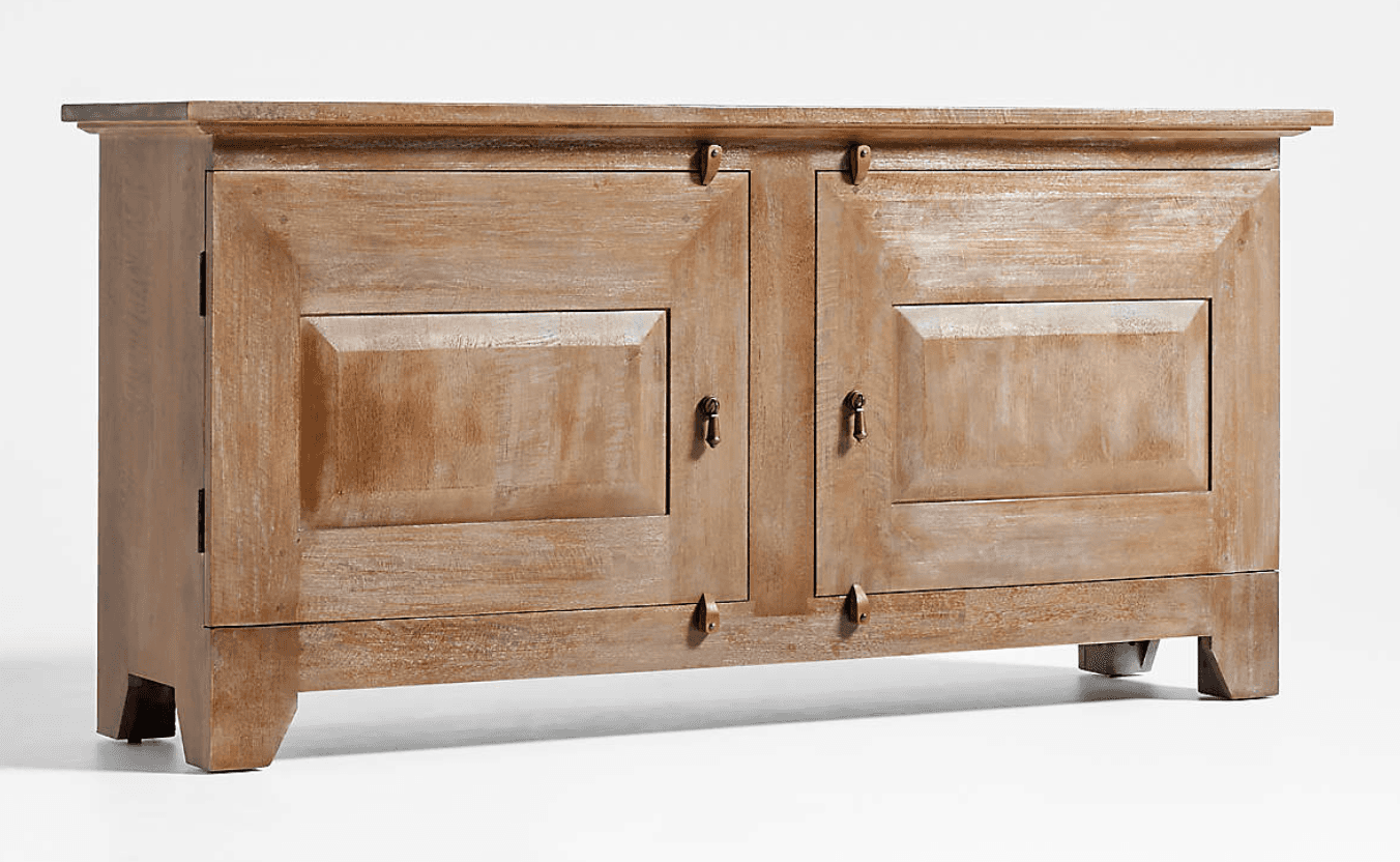 A rustic distressed wood sideboard cabinet with a light, weathered finish. It features a rectangular… — 3D model