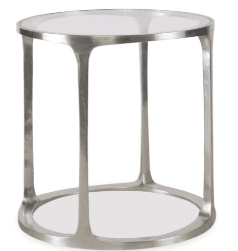 A modern round accent table featuring a polished metallic frame and a light-colored top. The frame c… — 3D model