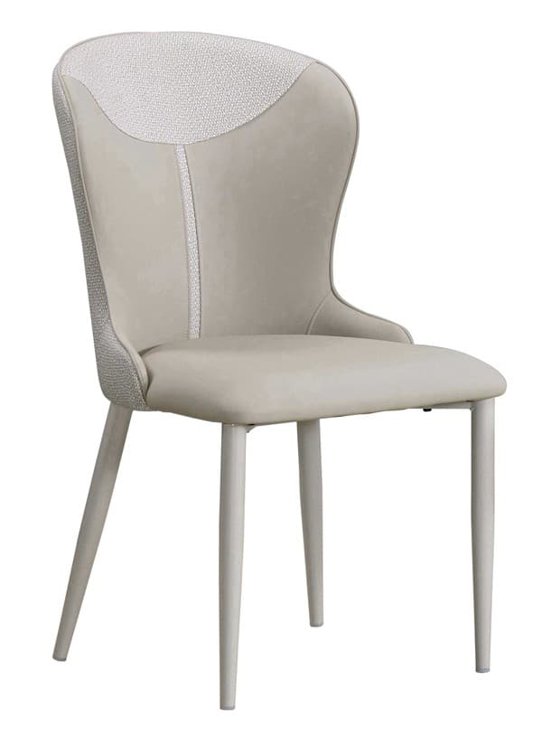 An elegant contemporary armless dining chair featuring a high, curved backrest and a fully upholstered seat. The chair combines two types of fabric: a smooth, light beige material for the main body, and a textured, lighter-toned fabric used for accents on the upper back and along the sides. A decorative vertical stitch line runs down the center of the back. The chair is supported by four slender, tapered legs in a matching light color, likely constructed from painted metal. — 3D model