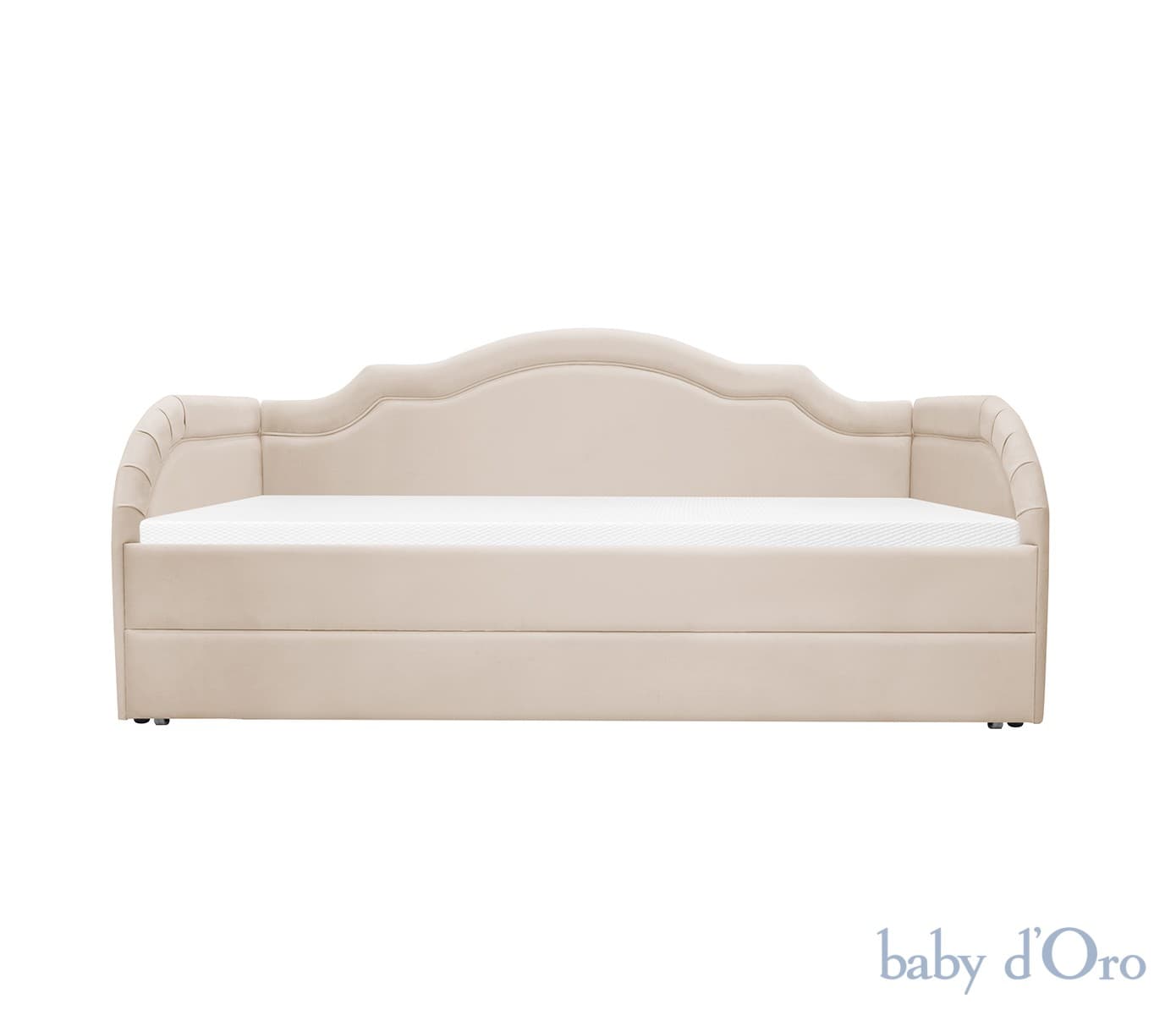 A cream-colored daybed with a tufted headboard and armrests. The daybed has a curved, decorative headboard with a scalloped top edge. The armrests are also tufted and have a ribbed design. A white mattress is present on the daybed. The base of the daybed is upholstered in the same cream-colored fabric as the rest of the frame. — 3D model