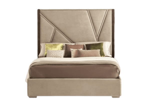 A modern upholstered bed with a geometric-patterned headboard. The headboard features cream-colored upholstery with angled divisions, framed by dark wood trim on the sides. The bed frame is also upholstered in a light cream fabric. The mattress is covered with taupe bedding and accented with several decorative pillows in various colors including gold, olive green, and pinkish-brown, along with a white blanket folded at the foot. — 3D model