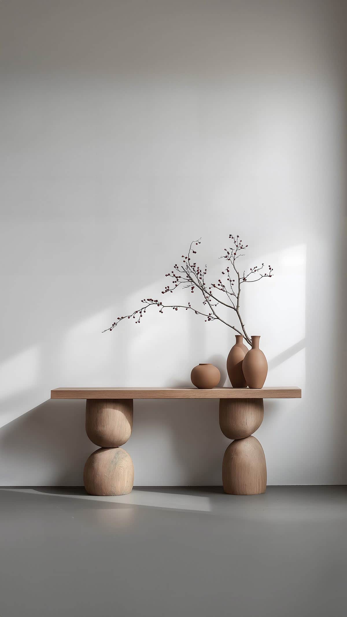 A modern and minimalist wooden bench featuring a rectangular top supported by two large, bulbous cyl… — 3D model