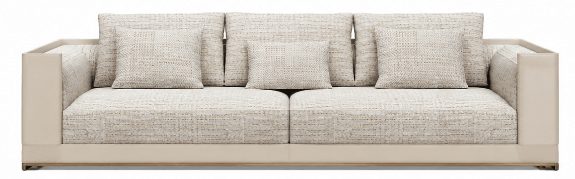 This is a two-seater sofa featuring a contemporary design. It has two large seat cushions and three matching back cushions, along with three smaller square throw pillows, all upholstered in a light beige or cream textured fabric with an irregular, organic pattern. The arms are wide, rectangular, and also upholstered, with a slightly recessed top edge. The base is a solid plinth-style, also upholstered in a plain lighter beige, with a thin gold or brass-toned metallic trim running along the bottom edge. — 3D model