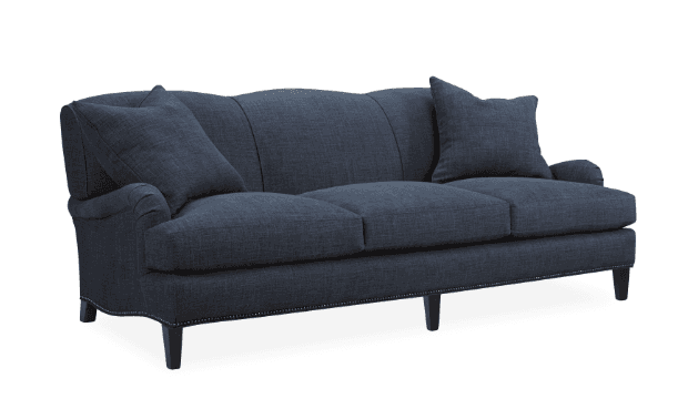 A three-seater sofa upholstered in a dark blue textured fabric. The sofa features a curved backrest… — 3D model