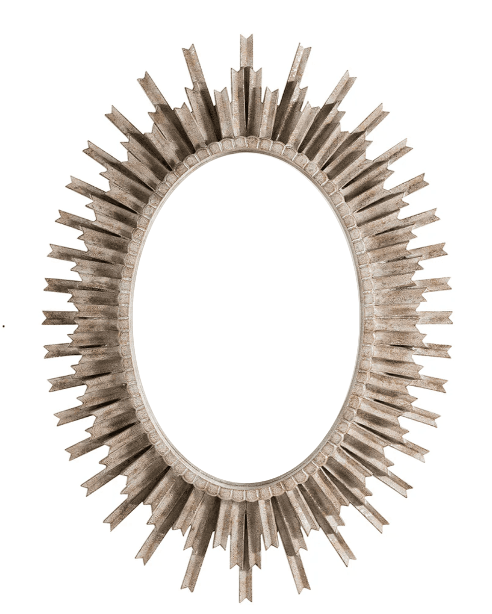 This is a decorative oval mirror with a sunburst frame. The frame features numerous radiating spikes, designed to mimic sun rays. The overall finish has a distressed, antique appearance, with a light metallic tone that suggests aged silver or pewter. — 3D model