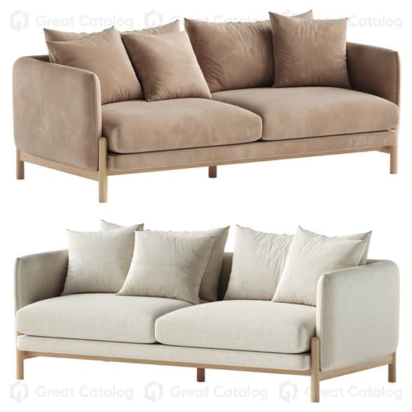 A contemporary two-seater sofa featuring soft beige velvet upholstery and an exposed light wood fram… — free GLTF 3D model