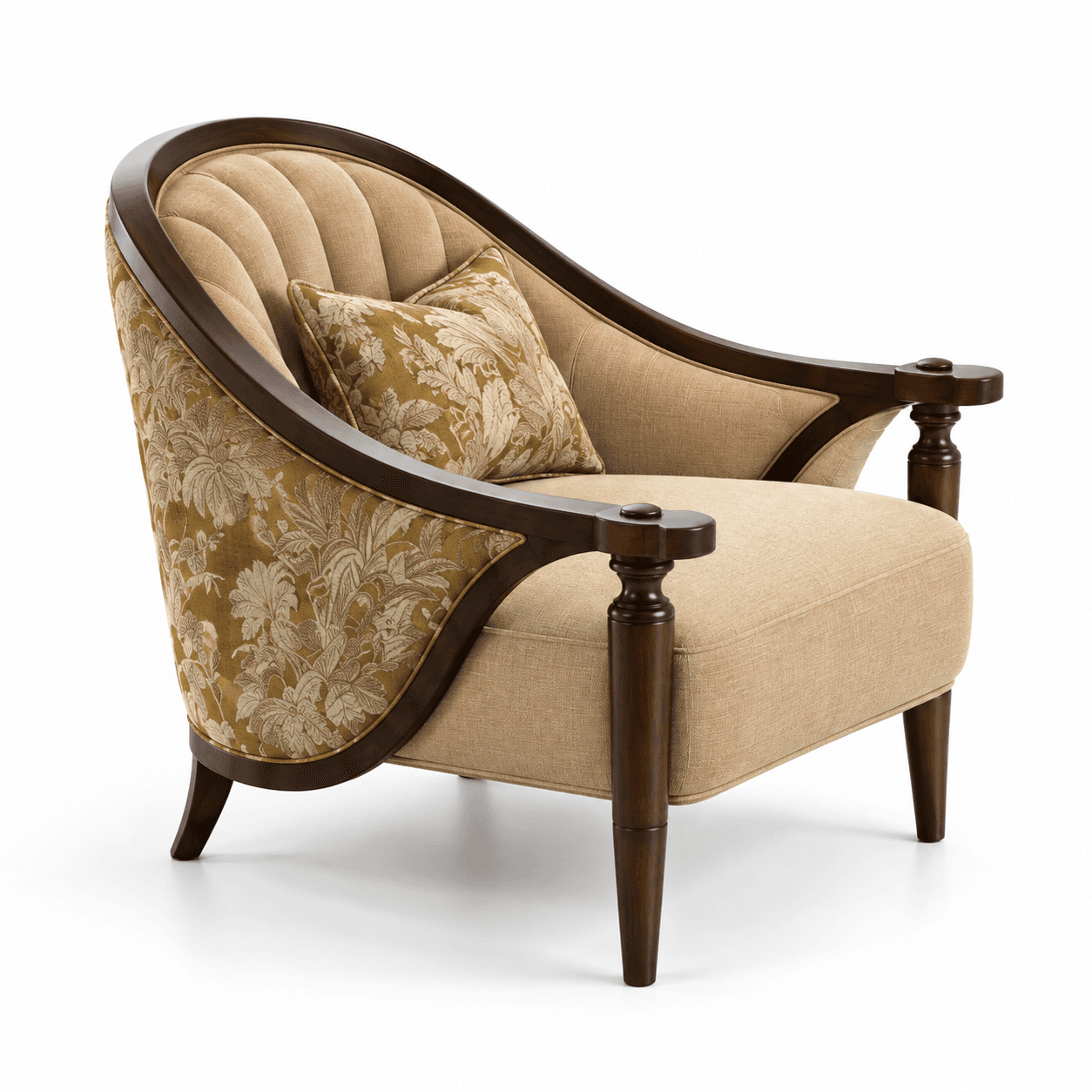 An upholstered armchair featuring a dark wood exposed frame that defines its curved back and armrests. The inner back is channel-tufted in a light beige fabric, while the outer back and arm panels are upholstered in a gold and beige floral patterned fabric. The seat cushion is also light beige. It has turned wooden front legs and tapered rear legs. A matching floral throw pillow is included. — 3D model