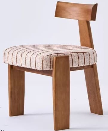 A contemporary dining chair constructed from light oak wood, featuring a padded, upholstered seat and a distinctive curved backrest. The seat is covered in a textured, off-white fabric with reddish-brown pinstripes. The chair's frame includes four sturdy, block-style legs with a slight taper. — 3D model