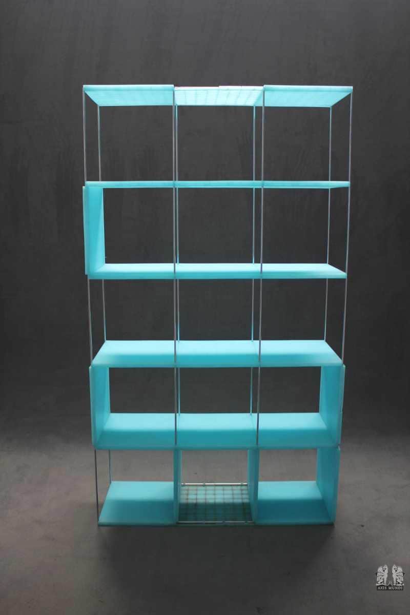 A modern, open shelving unit with a metallic frame and bright blue, rectangular compartments. The un… — 3D model