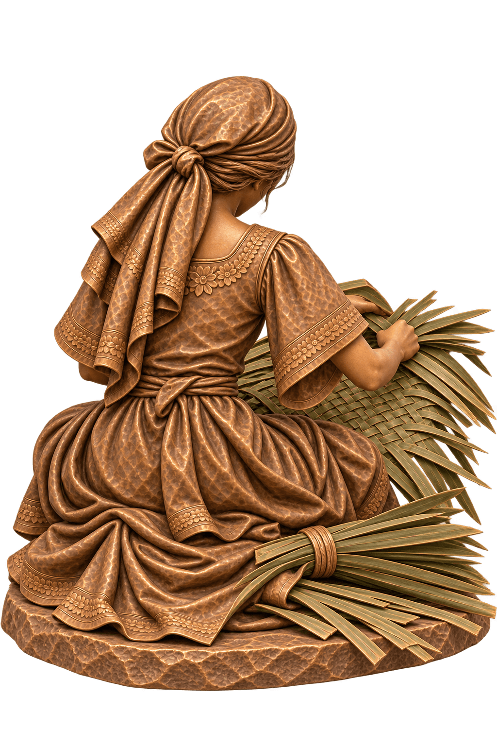A detailed, figurative sculpture of a woman in traditional attire, viewed from the back, actively we… — 3D model