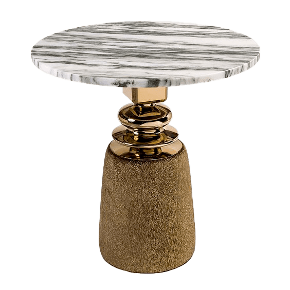 A small accent table featuring a round white marble top with grey veining, a polished gold/brass cen… — 3D model