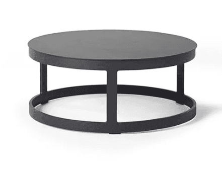 A minimalist, round coffee table constructed entirely from matte black metal. The table features a s… — 3D model