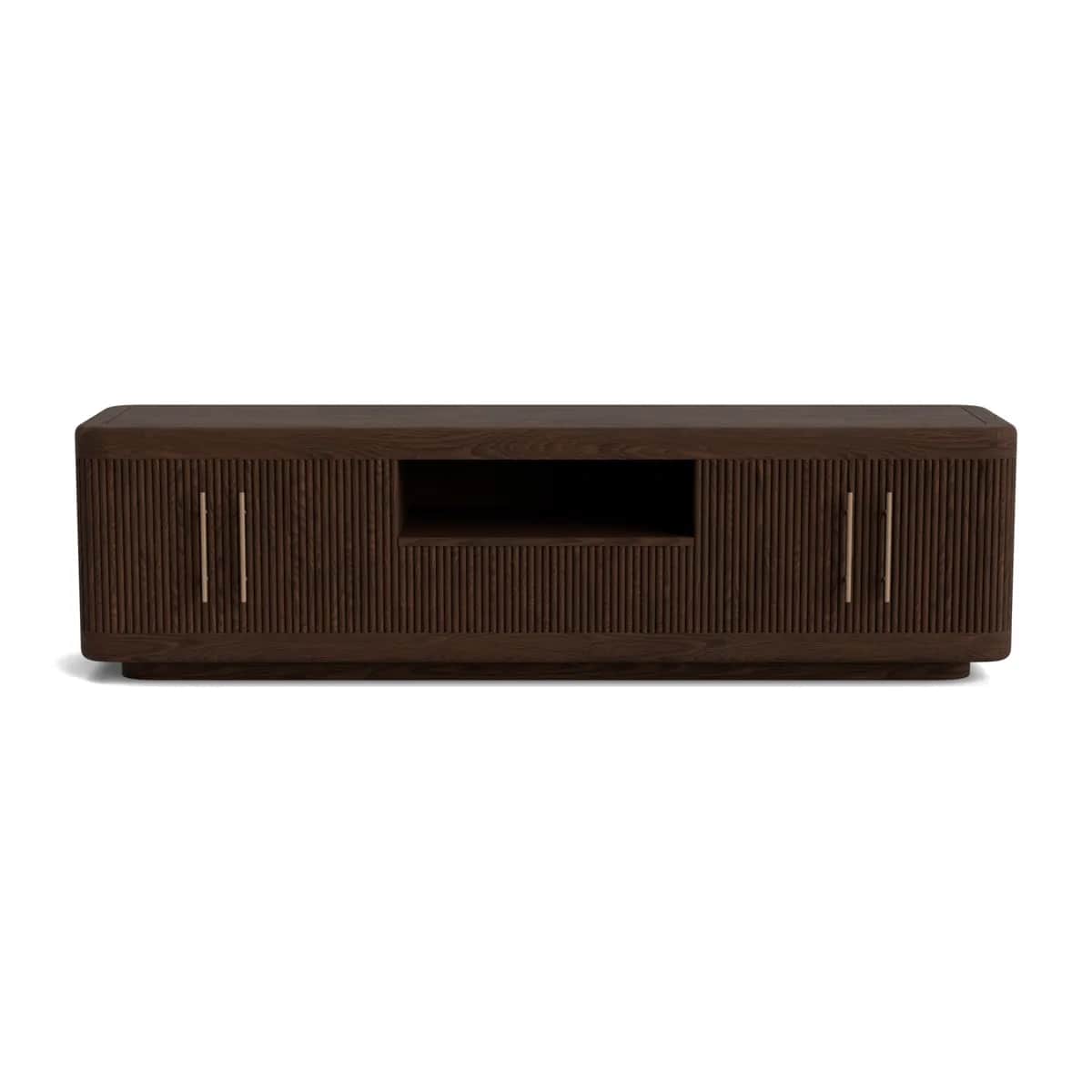 A dark brown wood media console featuring fluted panel doors on either side of a central open shelf… — 3D model