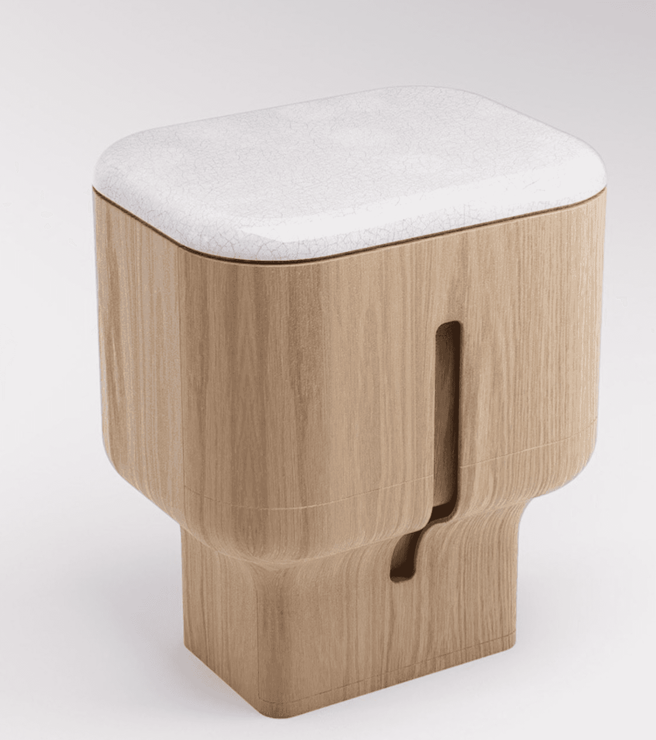A modern, light-colored wooden stool or small side table with a square, slightly rounded white ceram… — 3D model