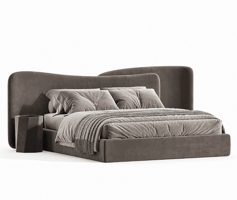A modern upholstered platform bed featuring a distinctive asymmetrical headboard and plush fabric up… — free STL 3D model