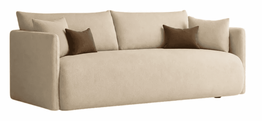 A contemporary three-seater sofa upholstered in a light beige fabric. It features plush, loose back… — free GLTF 3D model