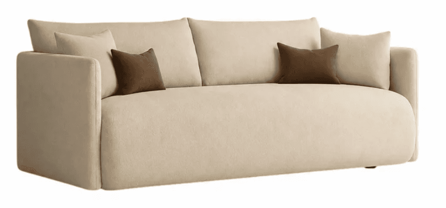 A contemporary three-seater sofa upholstered in a light beige fabric. It features plush, loose back cushions and two matching square throw pillows, along with two contrasting smaller, brown rectangular throw pillows. The sofa has wide, integrated arms and a low-profile design, exuding a comfortable and modern aesthetic. — 3D model