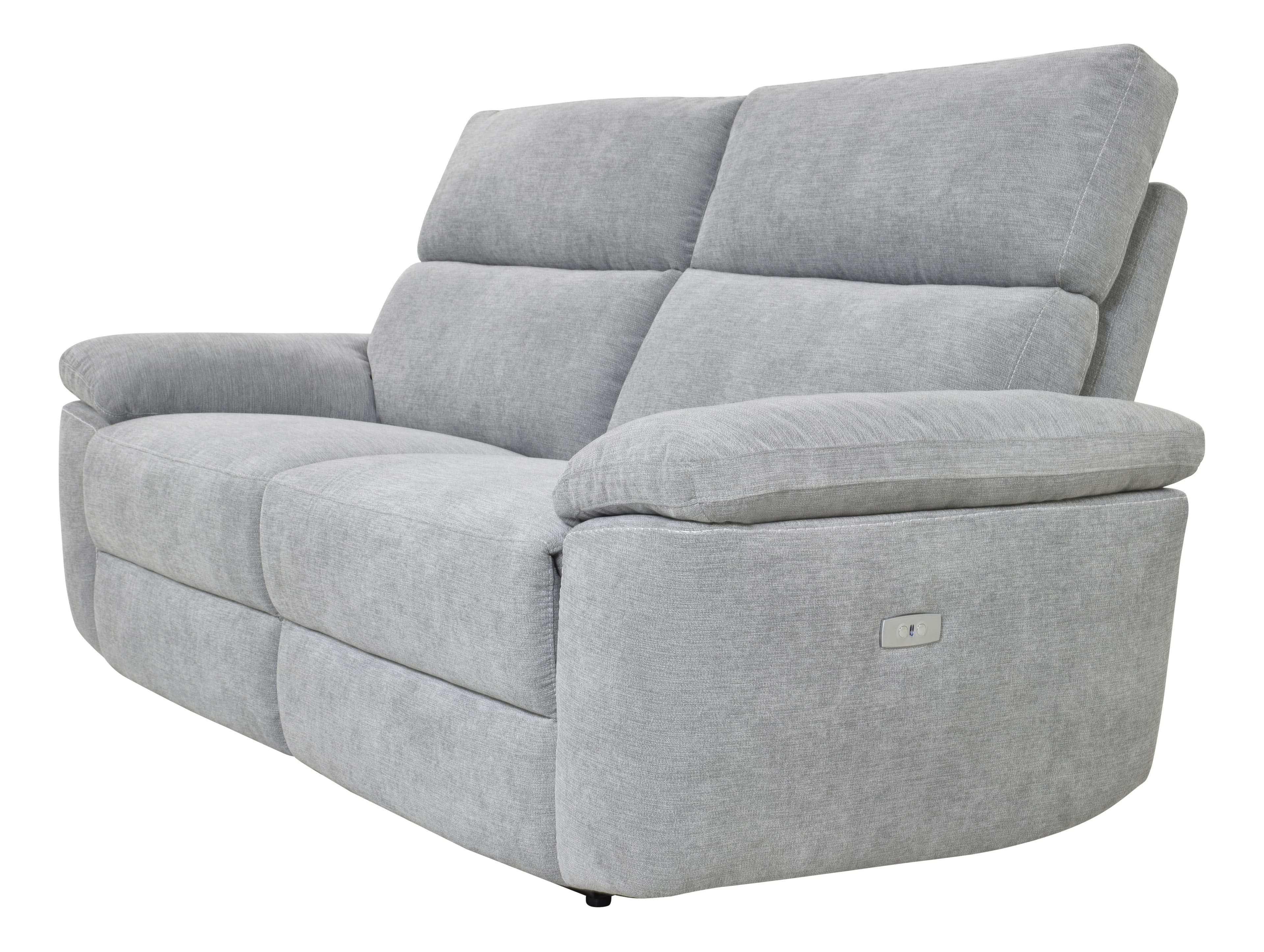 A light grey upholstered two-seater loveseat featuring power reclining functionality. The design is contemporary with plush, padded armrests and backrests, and visible white accent stitching along the seams. It includes integrated power recline controls located on the side of the armrest. — 3D model
