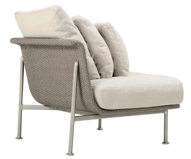 A contemporary single-seat sofa module with a modern design. It features a rounded, woven backrest and armrest structure, complemented by plush, upholstered seat and back cushions. The frame is constructed from slender, brushed metal legs. — 3D model