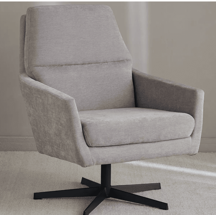 A modern, high-back lounge armchair upholstered in light gray fabric, featuring a comfortable, enveloping design and a four-star matte black metal swivel base. — 3D model