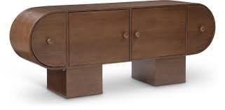 An elongated, low-profile wooden sideboard featuring a distinctive rounded-end design. It is supported by two rectangular block bases, giving it a floating appearance. The front is composed of multiple cabinet doors, each fitted with a small, circular pull handle that blends with the dark brown wood finish. The overall aesthetic is modern with a clear influence from Art Deco styling, emphasizing smooth lines and geometric forms. — 3D model