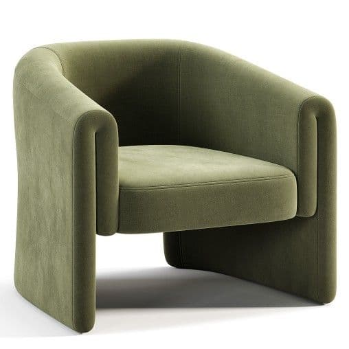 A modern armchair with a rounded back and arms, upholstered in a soft green fabric. The chair features a distinctive silhouette with integrated armrests that curve down to form the base. The seat cushion is plush and distinct from the main body of the chair. — 3D model