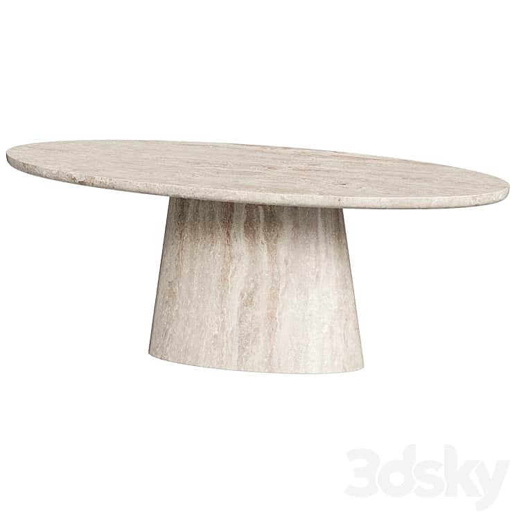 An oval coffee table crafted entirely from light-colored travertine stone, featuring a monolithic pe… — 3D model