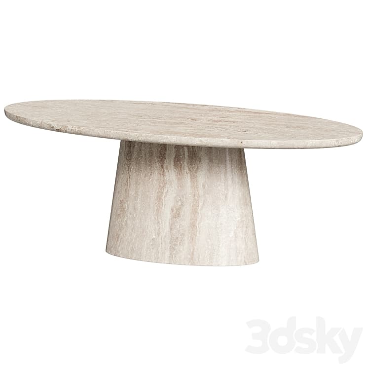 An oval coffee table crafted entirely from light-colored travertine stone, featuring a monolithic pedestal base. The tabletop is elongated and has a smooth, matte finish with natural veining characteristic of travertine. The base is also made of travertine, tapering slightly inward towards the top, providing a sturdy and sculptural foundation for the tabletop. The overall design is minimalist and contemporary, highlighting the natural beauty and texture of the stone. — 3D model