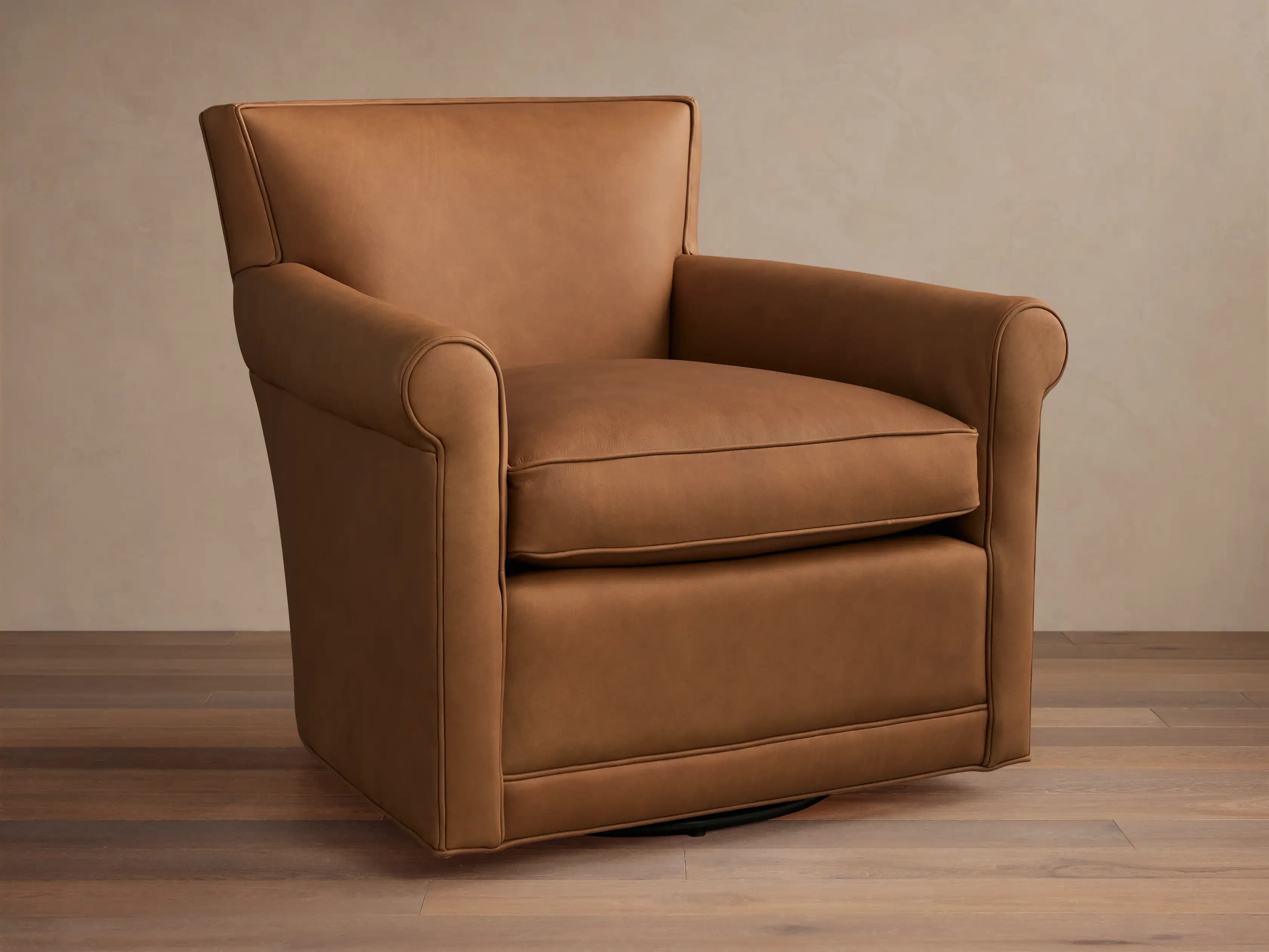 A classic-style swivel armchair upholstered in a warm brown leather, featuring distinct rolled arms, a tight back, and a loose seat cushion with piped edges. The chair rests on a hidden swivel mechanism, allowing for full rotation. — 3D model
