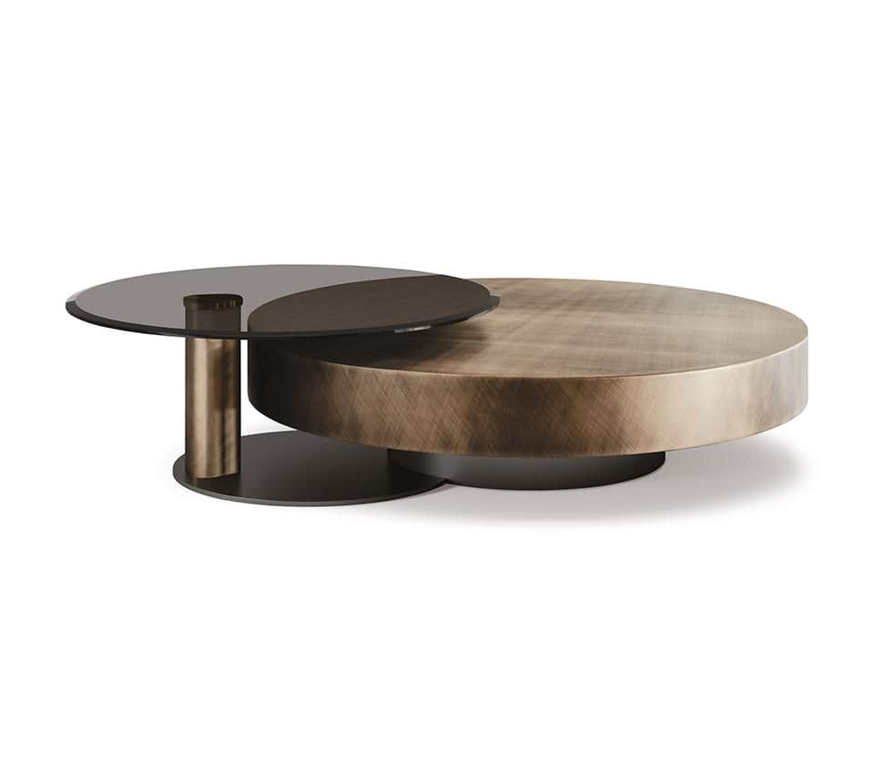 A contemporary coffee table featuring an innovative two-tiered, overlapping circular design. The lar… — free GLTF 3D model