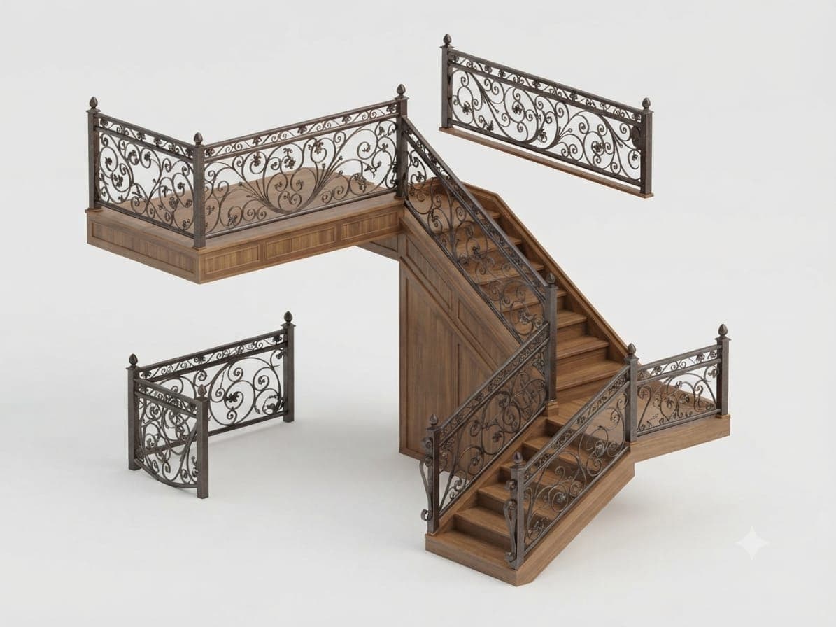 A rendered image of an ornate U-shaped wooden staircase featuring intricate wrought iron balustrades. The staircase includes a main flight, a landing, and a second flight, along with separate railing sections. The wood components, including treads, risers, and wall paneling, are a medium to dark brown hue, while the wrought iron railings are a dark, possibly bronze-toned, metal with elaborate scrollwork and leaf motifs. — 3D model